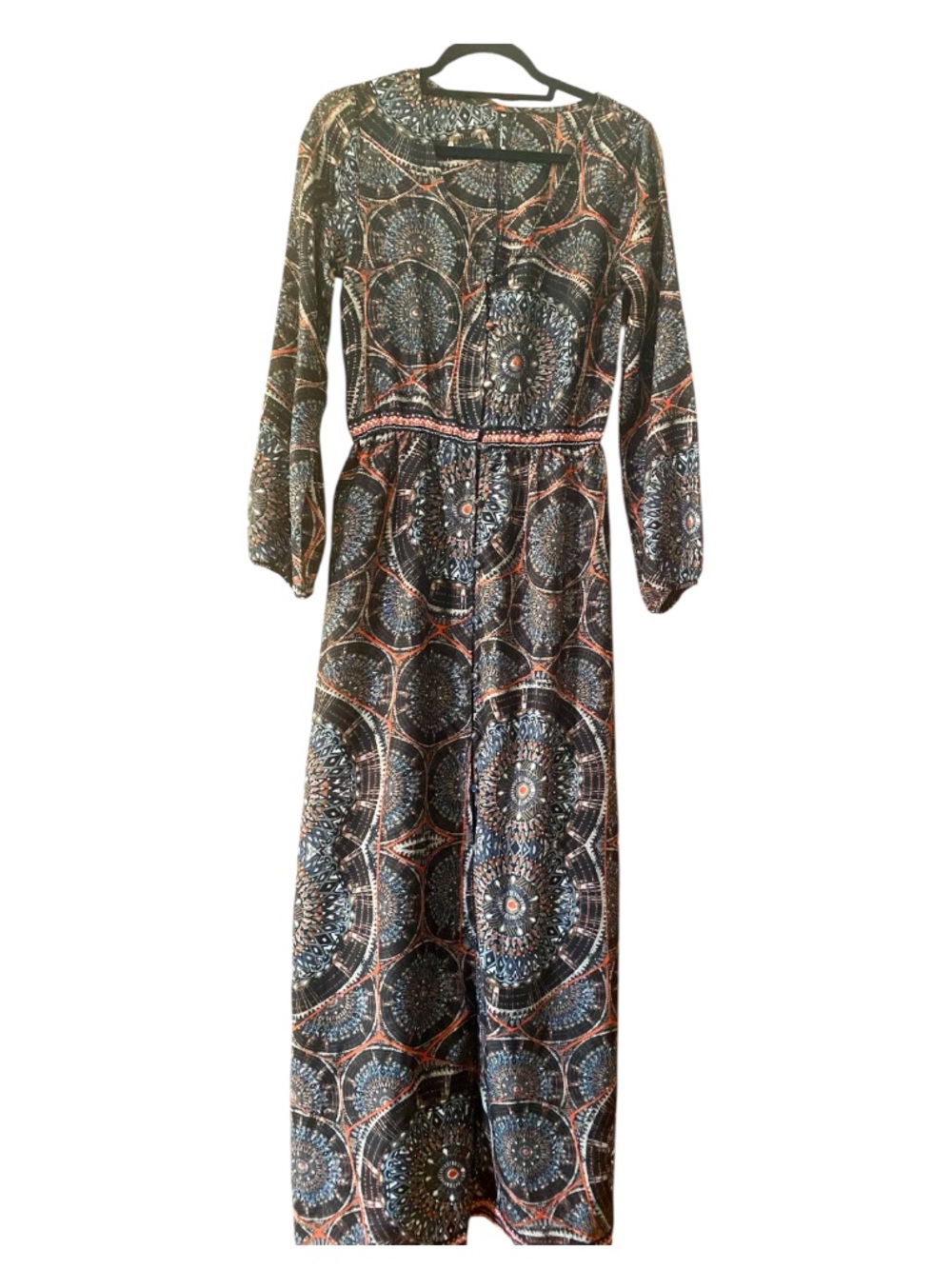 Influence Boho Medallion Print Maxi Dress Button Front Long Sleeve Small